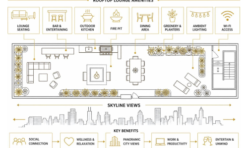 Overview of modern outdoor lounge deck amenities and skyline layout