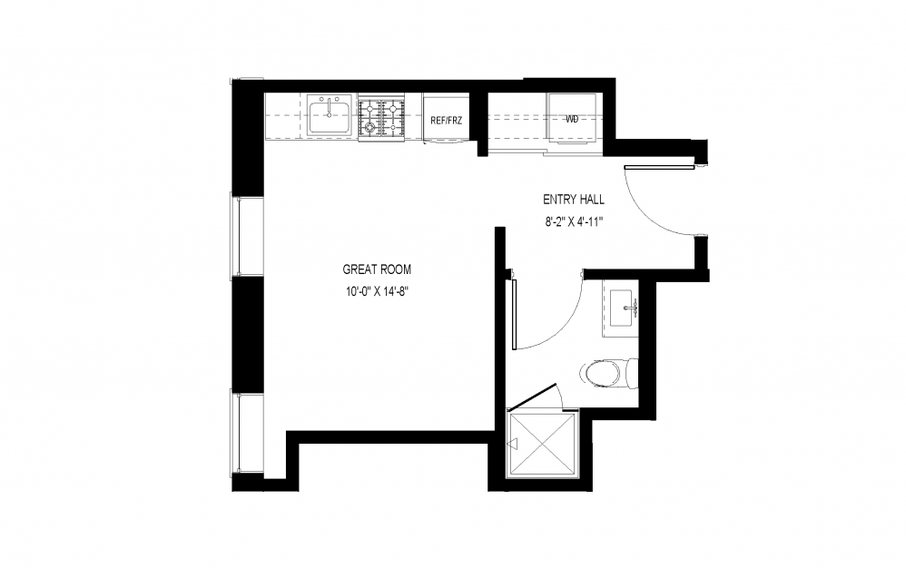 A-A1 - Studio floorplan layout with 1 bath and 294 square feet.