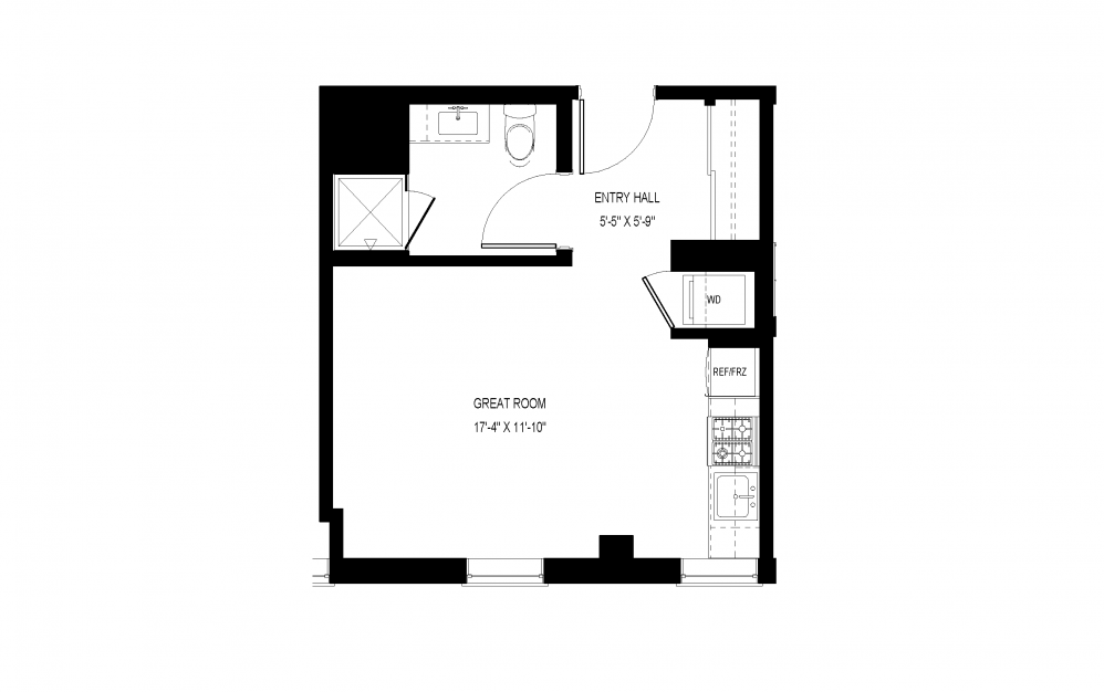 A-A10 - Studio floorplan layout with 1 bath and 364 square feet.