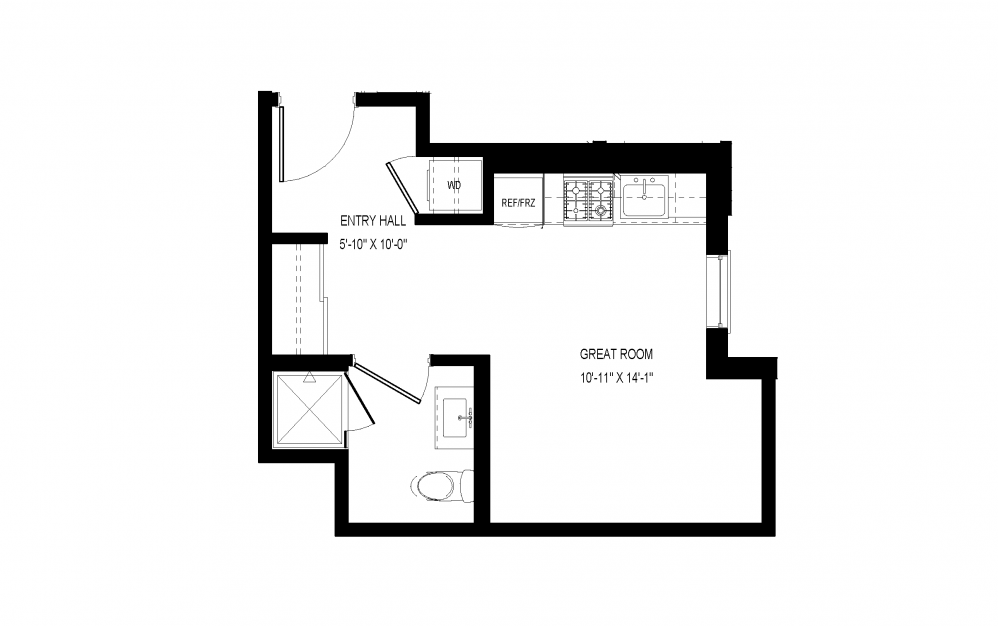 A-A11 - Studio floorplan layout with 1 bath and 305 square feet.