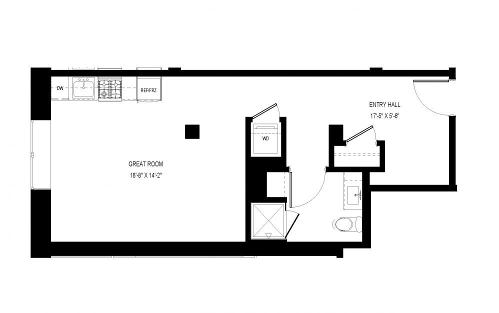 A-A13 - Studio floorplan layout with 1 bath and 523 square feet. (Floor 1)