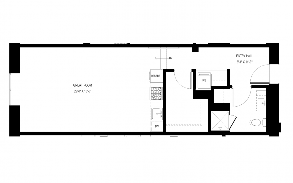 A-A13 - Studio floorplan layout with 1 bath and 523 square feet. (Floor 2)