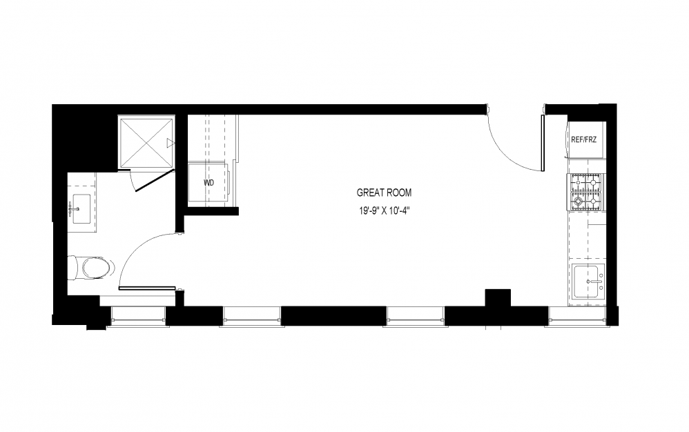 A-A2 - Studio floorplan layout with 1 bath and 355 square feet.