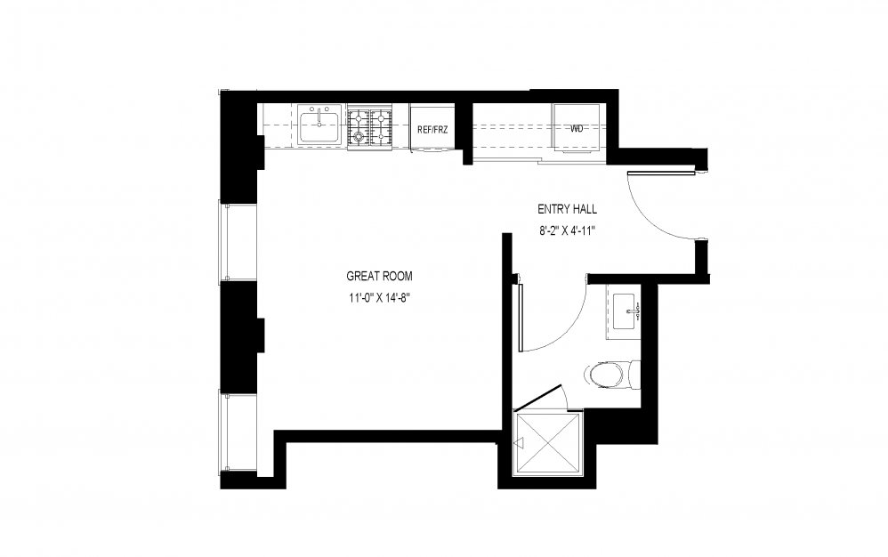 A-A3 - Studio floorplan layout with 1 bath and 312 square feet.