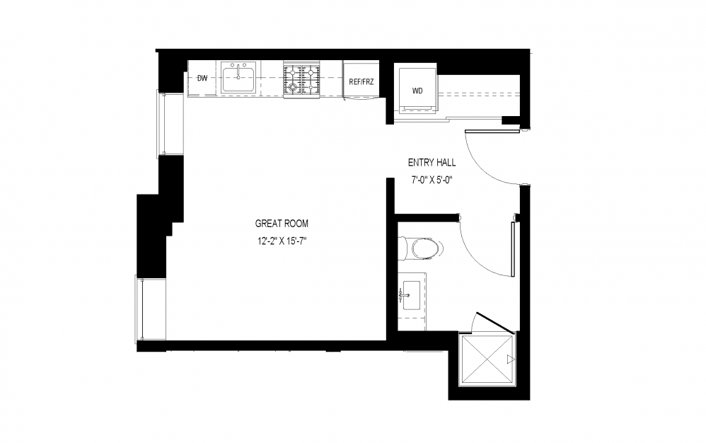 A-A4 - Studio floorplan layout with 1 bath and 370 square feet.