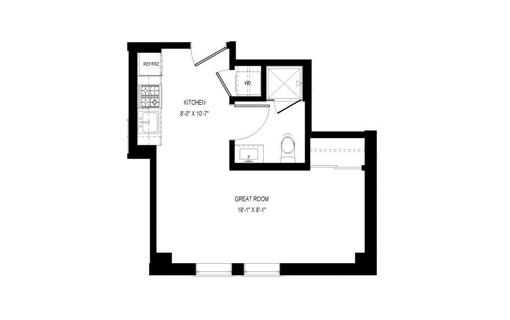 A-A9 - Studio floorplan layout with 1 bath and 353 square feet.
