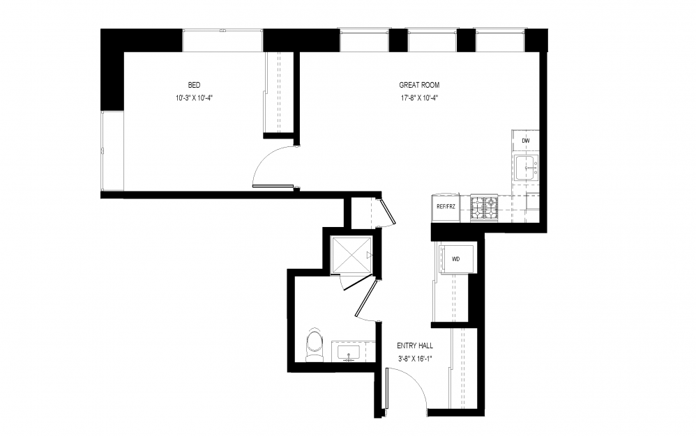 A-C13 - 1 bedroom floorplan layout with 1 bath and 596 square feet.