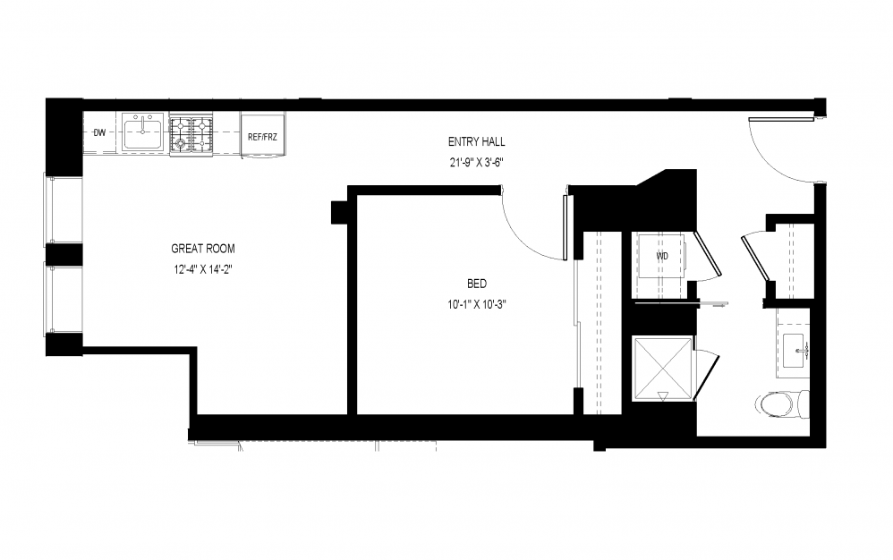 A-C14 - 1 bedroom floorplan layout with 1 bath and 541 square feet.