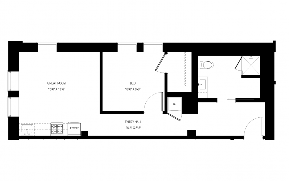 A-A15 - Studio floorplan layout with 1 bath and 634 square feet. (Floor 1)