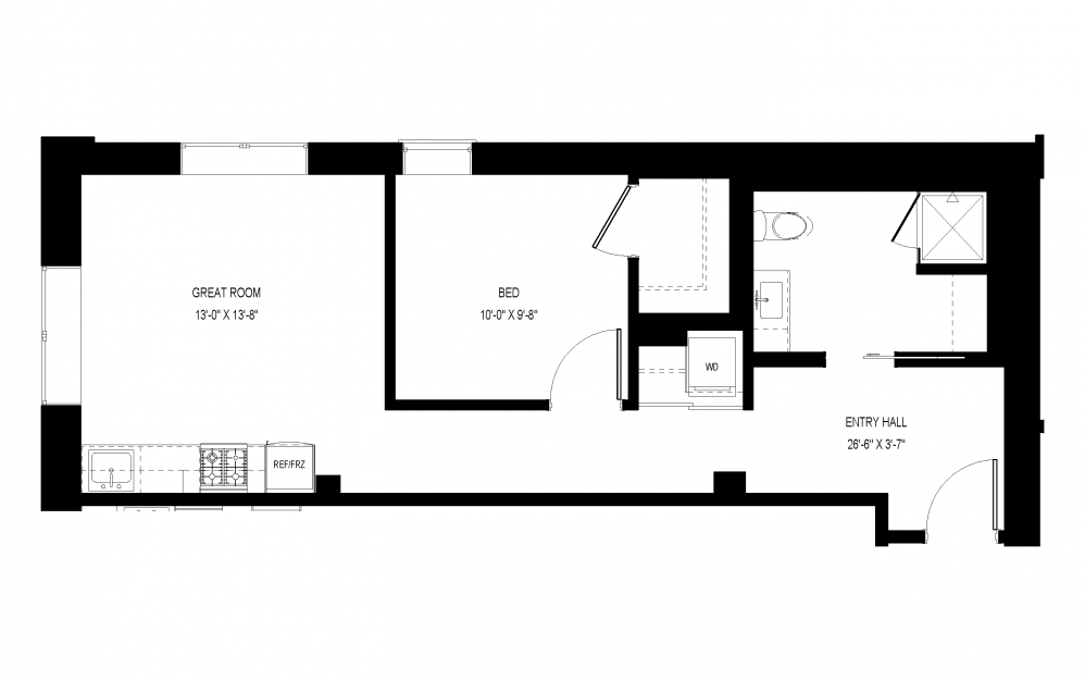 A-A15 - Studio floorplan layout with 1 bath and 634 square feet. (Floor 2)