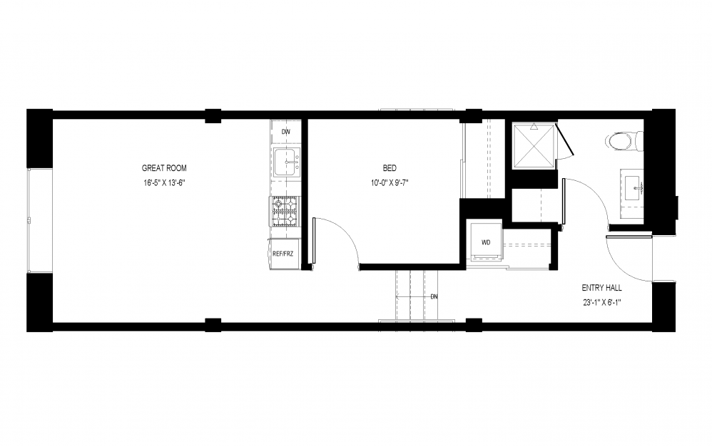 A-C19 - 1 bedroom floorplan layout with 1 bath and 598 square feet.