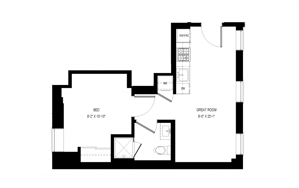 A-C20 - 1 bedroom floorplan layout with 1 bath and 463 square feet.