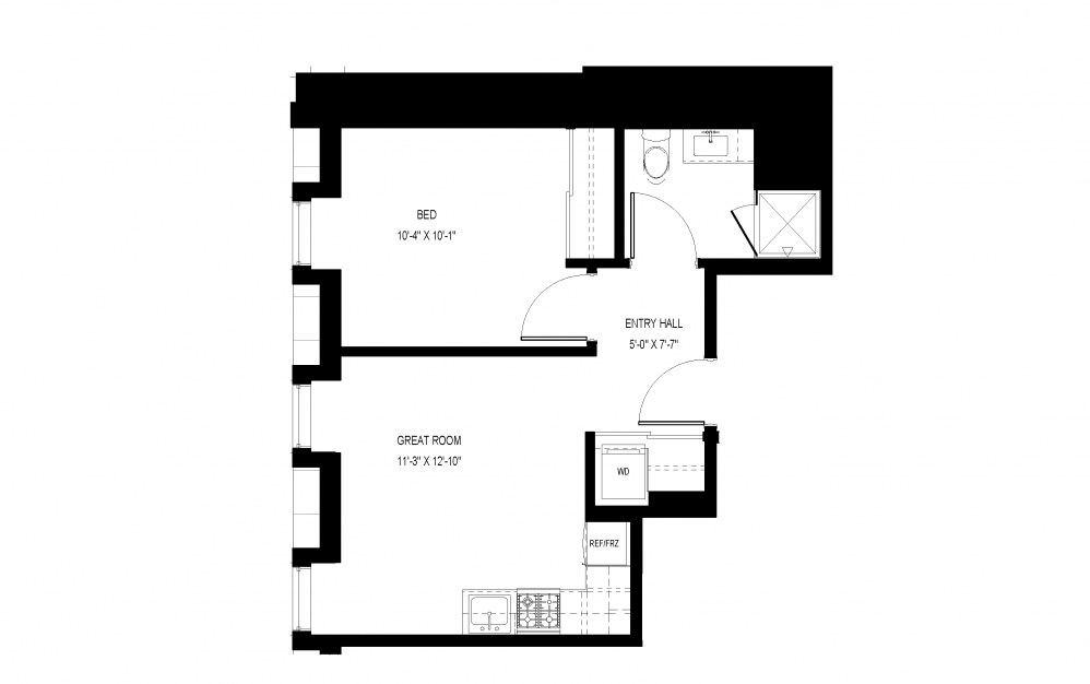 A-C4 - 1 bedroom floorplan layout with 1 bath and 520 square feet.