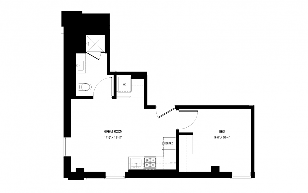 A-C5 - 1 bedroom floorplan layout with 1 bath and 510 square feet.