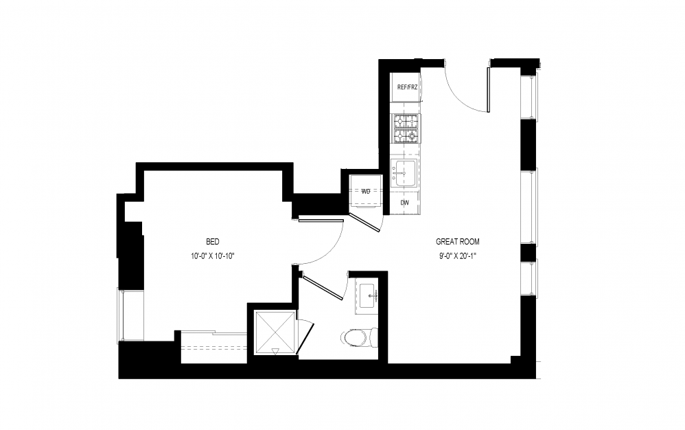 A-C7 - 1 bedroom floorplan layout with 1 bath and 470 square feet.