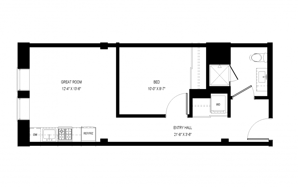 A-C8 - 1 bedroom floorplan layout with 1 bath and 507 square feet.