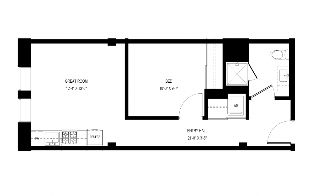 A-C9 - 1 bedroom floorplan layout with 1 bath and 507 square feet.