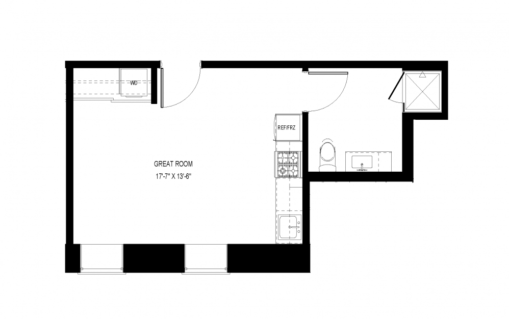M-A1 - Studio floorplan layout with 1 bath and 376 square feet.