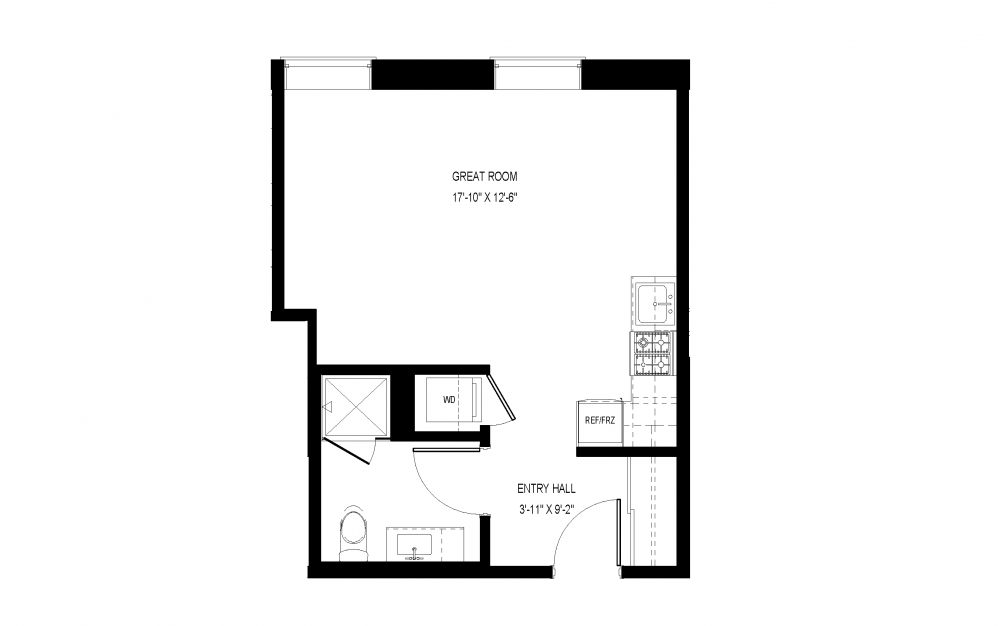 M-A11 - Studio floorplan layout with 1 bath and 413 square feet.