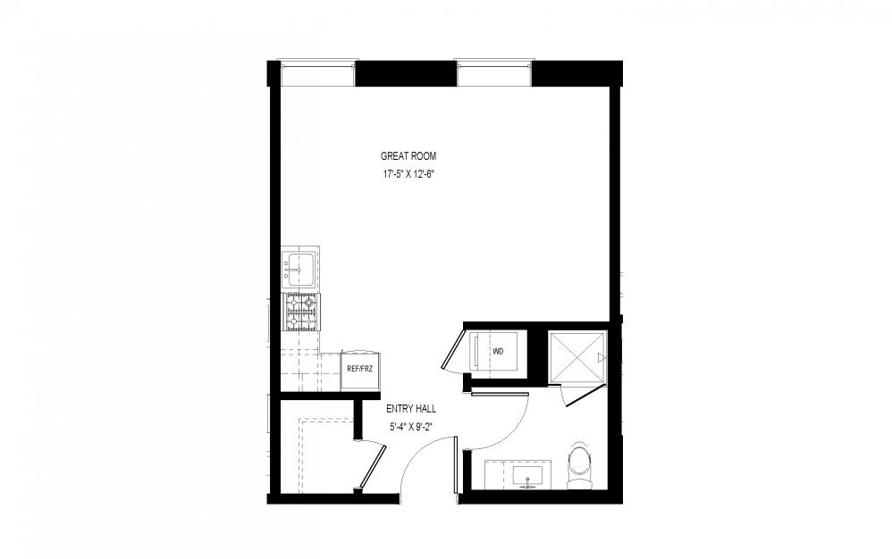 M-A12 - Studio floorplan layout with 1 bath and 422 square feet.