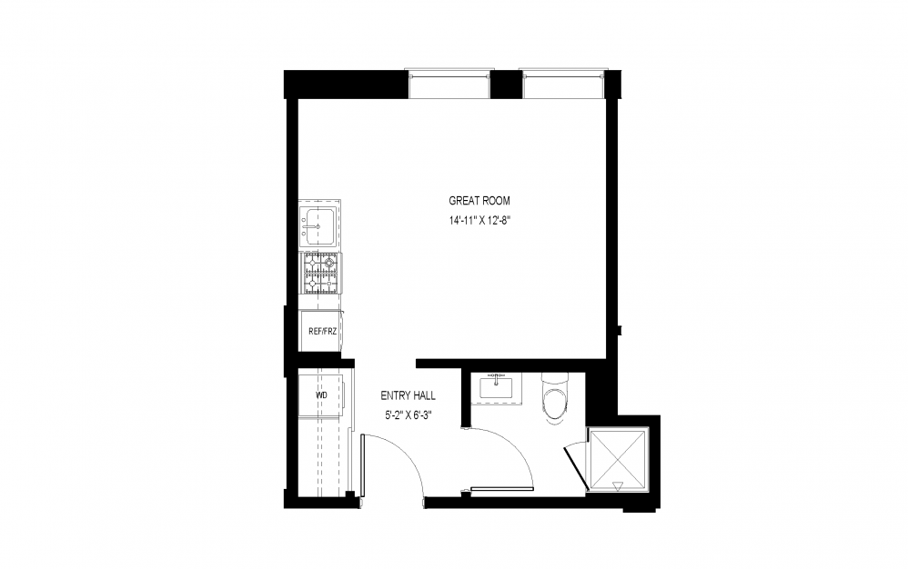 M-A13 - Studio floorplan layout with 1 bath and 336 square feet.