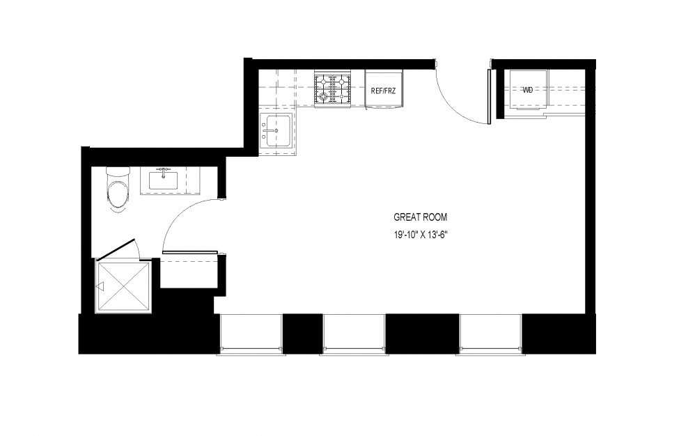 M-A2 - Studio floorplan layout with 1 bath and 410 square feet.