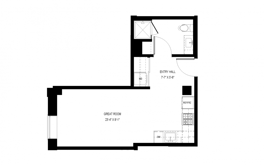 M-A20 - Studio floorplan layout with 1 bath and 390 square feet.