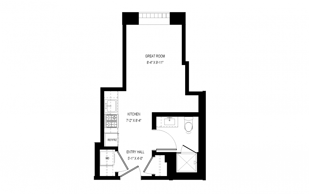 M-A23 - Studio floorplan layout with 1 bath and 315 square feet.
