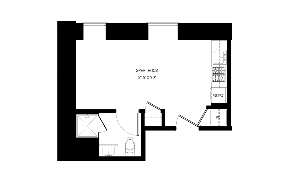 M-A24 - Studio floorplan layout with 1 bath and 366 square feet.
