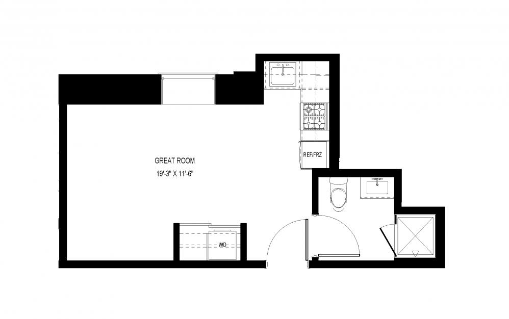M-A25 - Studio floorplan layout with 1 bath and 343 square feet.