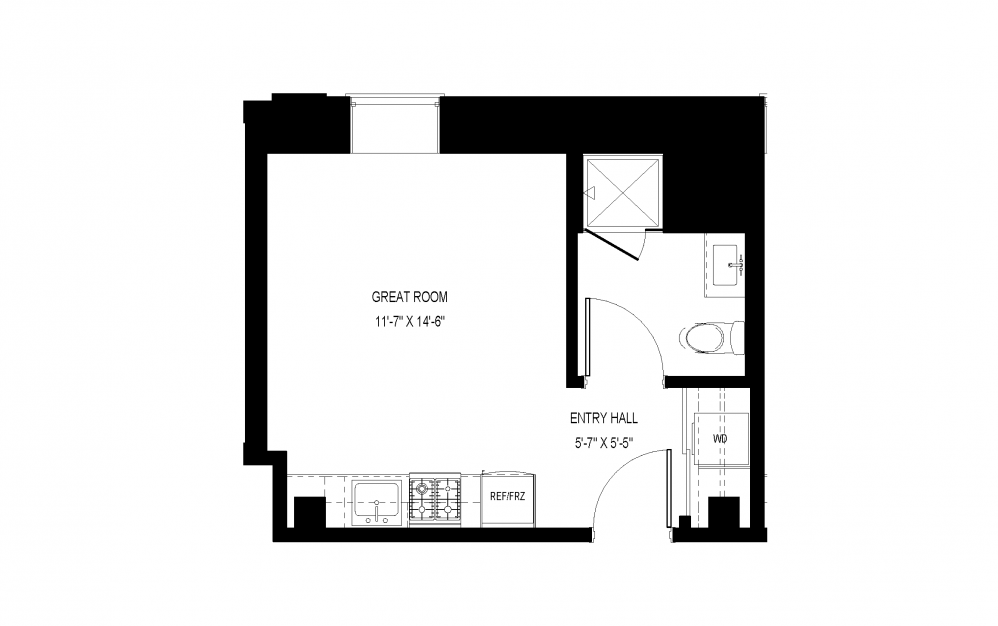 M-A27 - Studio floorplan layout with 1 bath and 336 square feet.