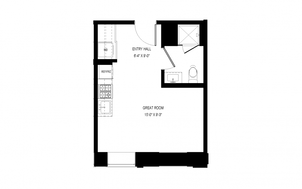 M-A28 - Studio floorplan layout with 1 bath and 328 square feet.
