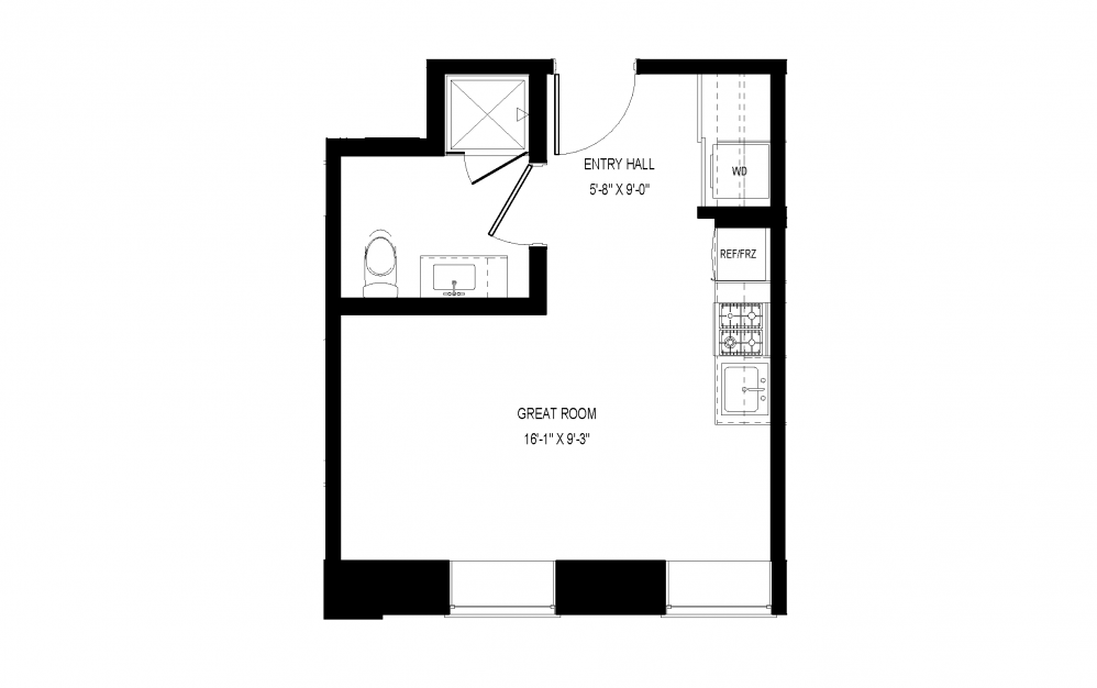 M-A29 - Studio floorplan layout with 1 bath and 337 square feet.