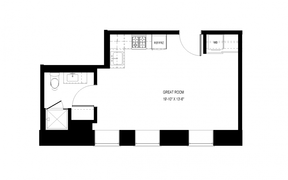 M-A3 - Studio floorplan layout with 1 bath and 410 square feet.