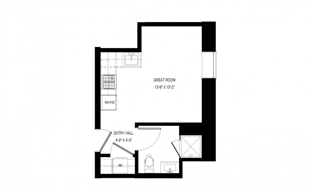 M-A5 - Studio floorplan layout with 1 bath and 322 square feet.