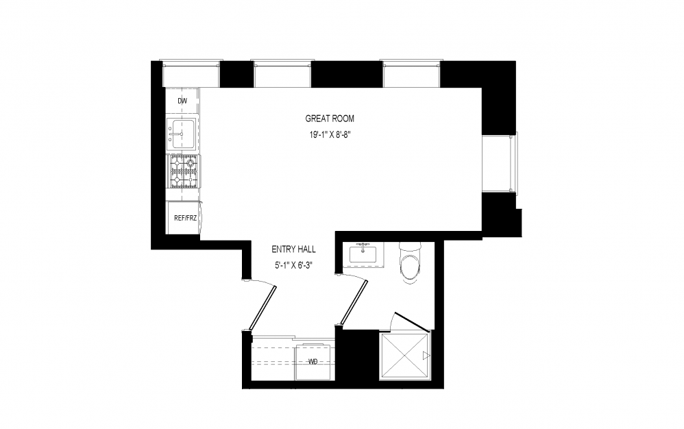 M-A9 - Studio floorplan layout with 1 bath and 351 square feet.