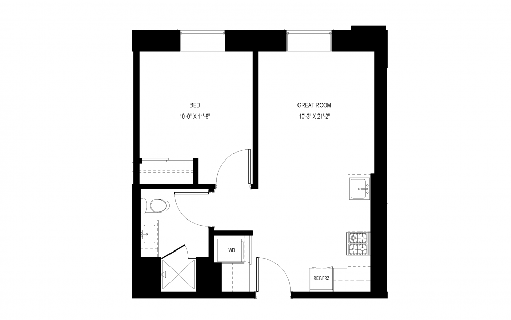 M-C1 - 1 bedroom floorplan layout with 1 bath and 514 square feet.