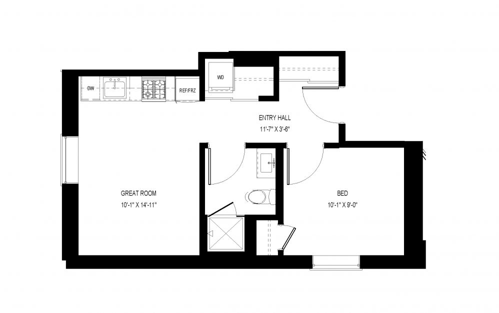 M-C11 - 1 bedroom floorplan layout with 1 bath and 469 square feet.