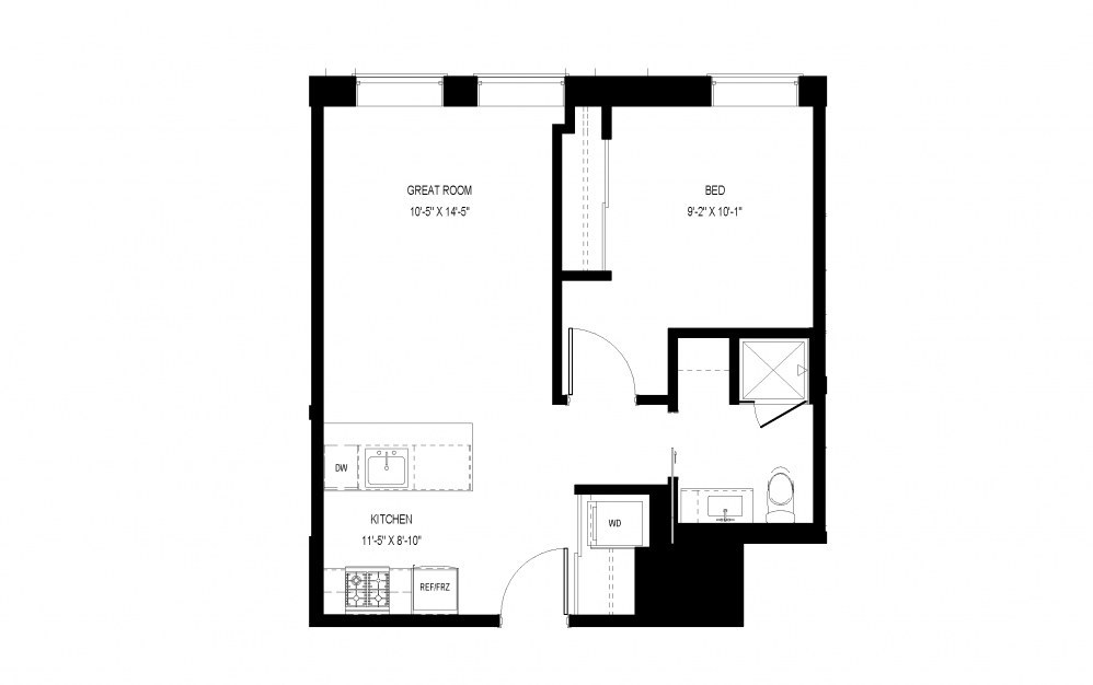 M-C13 - 1 bedroom floorplan layout with 1 bath and 554 square feet.