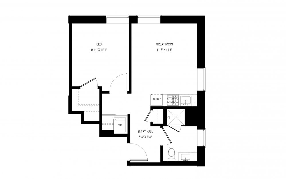 M-C14 - 1 bedroom floorplan layout with 1 bath and 550 square feet.