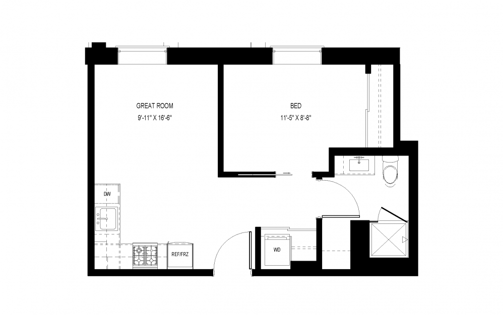 M-C16 - 1 bedroom floorplan layout with 1 bath and 469 square feet.