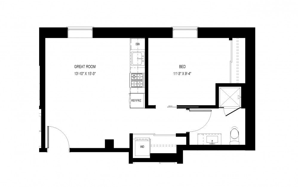 M-C19 - 1 bedroom floorplan layout with 1 bath and 506 square feet.