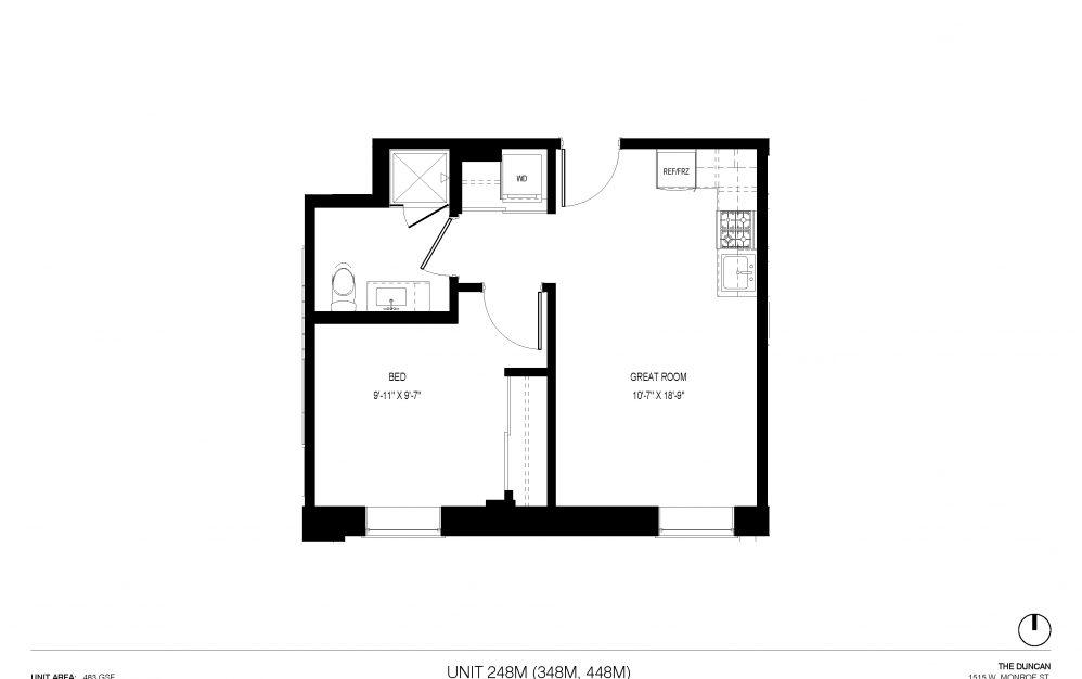 M-C23 - 1 bedroom floorplan layout with 1 bath and 483 square feet.
