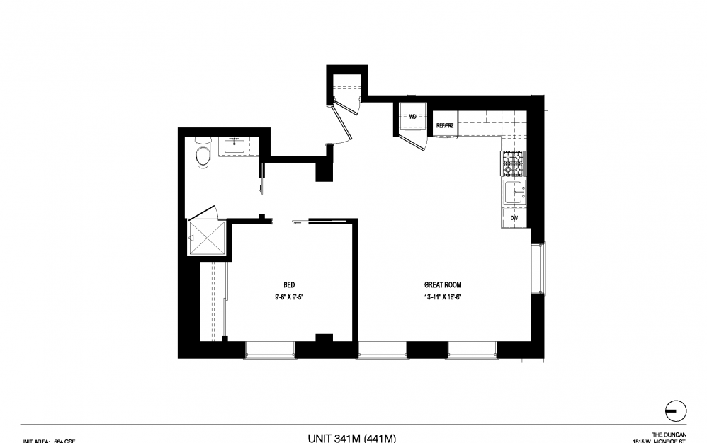 M-C25 - 1 bedroom floorplan layout with 1 bath and 564 square feet.