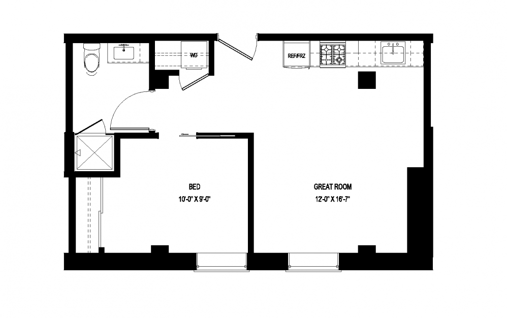 M-C26 - 1 bedroom floorplan layout with 1 bath and 506 square feet.