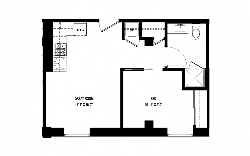 M-C27 - 1 bedroom floorplan layout with 1 bath and 471 square feet.
