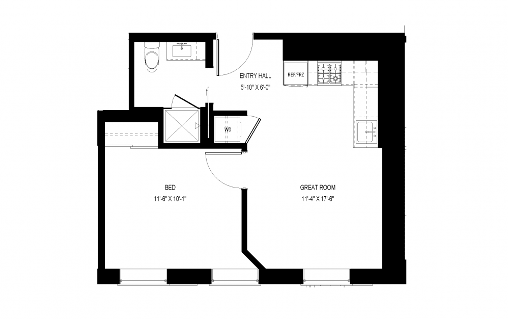 M-C28 - 1 bedroom floorplan layout with 1 bath and 515 square feet.