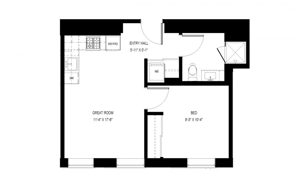 M-C30 - 1 bedroom floorplan layout with 1 bath and 516 square feet.