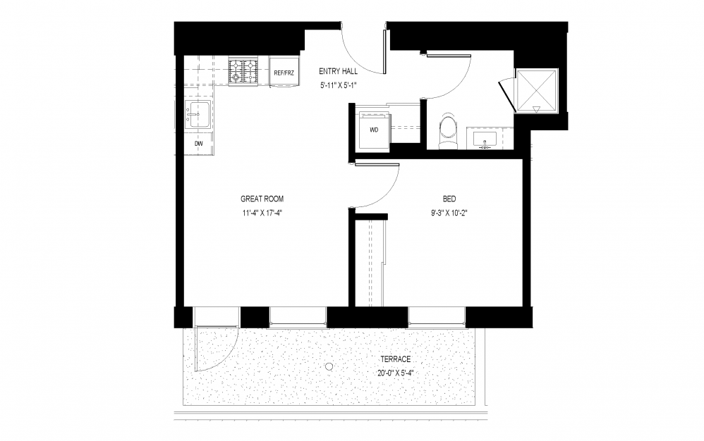 M-C31 - 1 bedroom floorplan layout with 1 bath and 516 square feet.