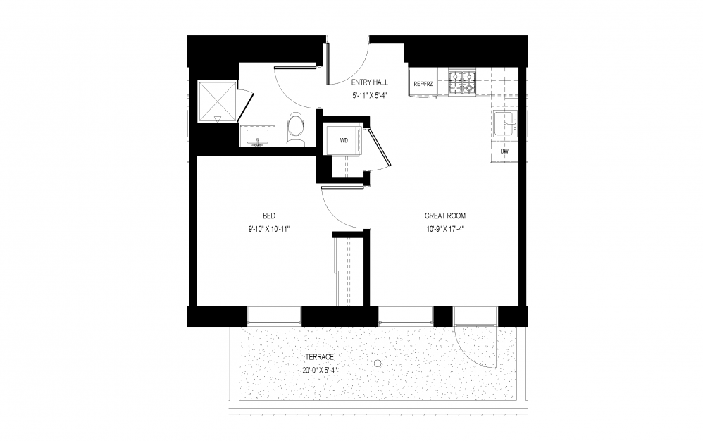 M-C33 - 1 bedroom floorplan layout with 1 bath and 499 square feet.